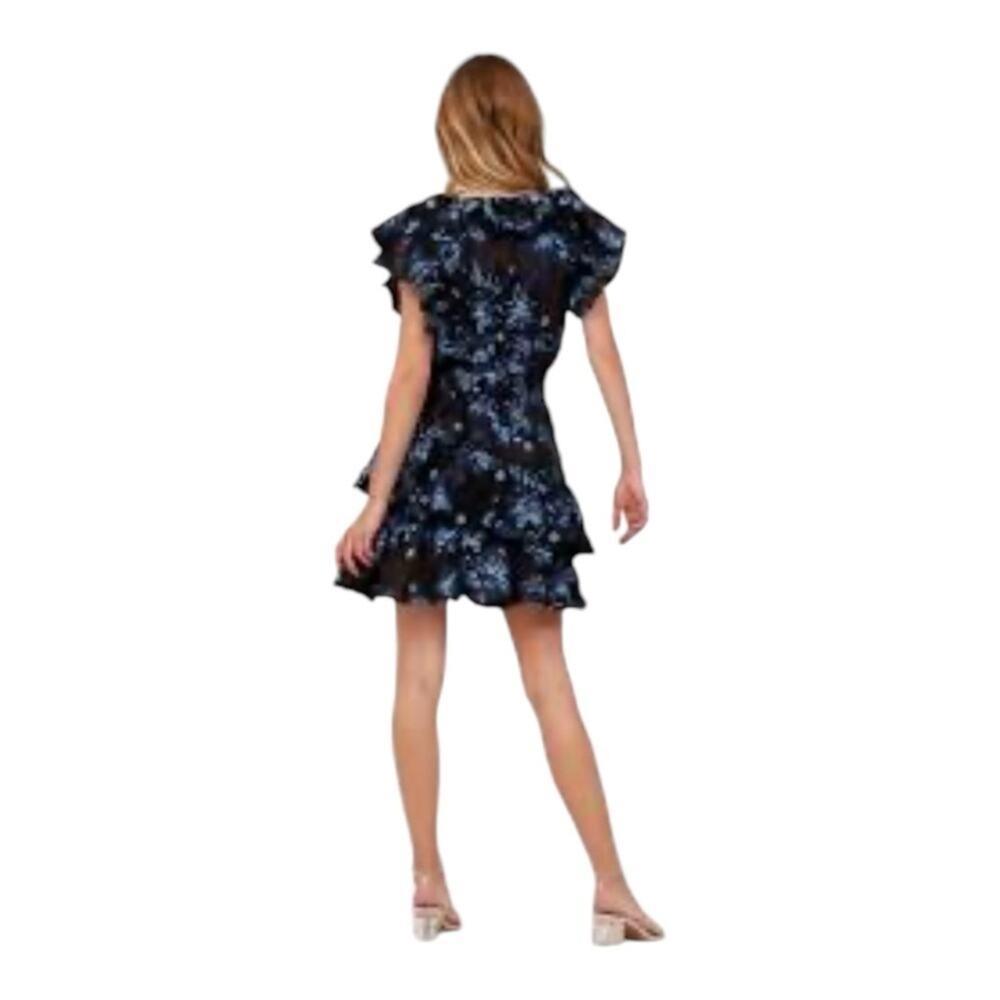 Elliatt Blue Floral Jacquard Ruffle Mini Dress Belted Puff Sleeve Size L - Picture 3 of 10